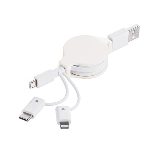 3in1 充電ケーブル ライトニング マイクロUSB USB Type-C巻取りケーブル(Lightning・microUSB・Type-C対応・MFi認証品・通信・3Way・ホワイト) 500-IPLMM020K