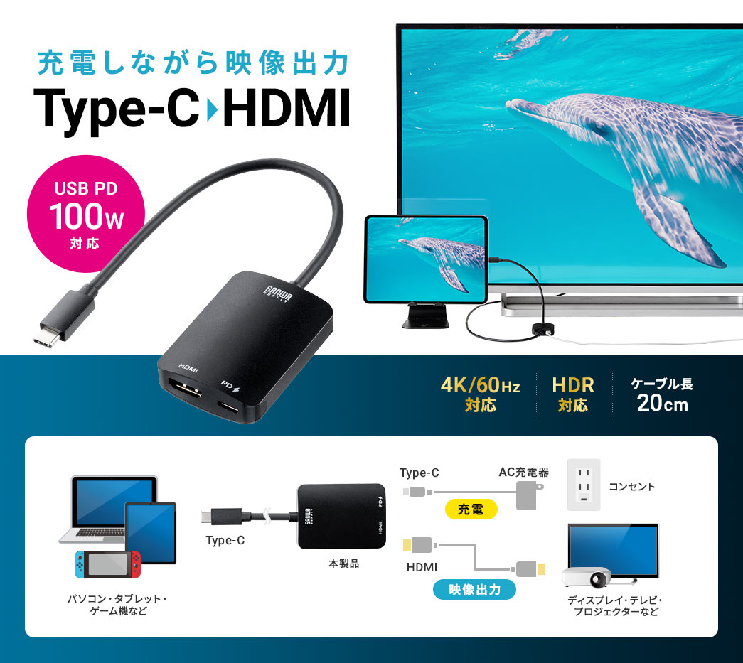 USB Type-C HDMI変換アダプタ 4K/60Hz HDR対応 PD100W iPad Pro Air