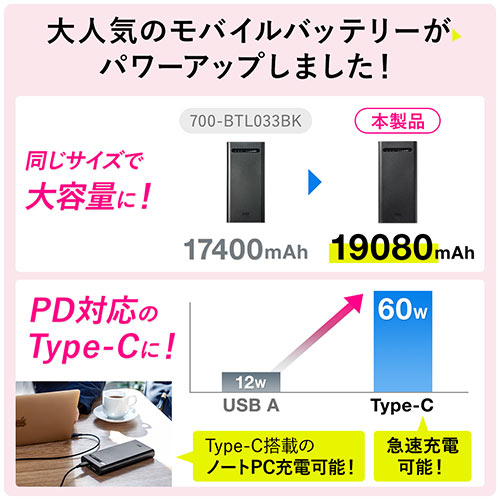 サンワダイレクト ノートパソコン用 モバイルバッテリー 大容量 19080mAh DC出力/USB 9種DCプラグ付 PSE適合 700-BTL047