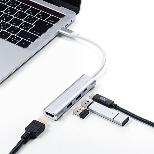 USB Type-Cハブ(USB PD充電・60W対応・HDMI出力・MacBook・iPad Pro対応・4K/30Hz・USB  Aポート・アルミ・シルバー)/400-HUB086S【Mac Supply Store】