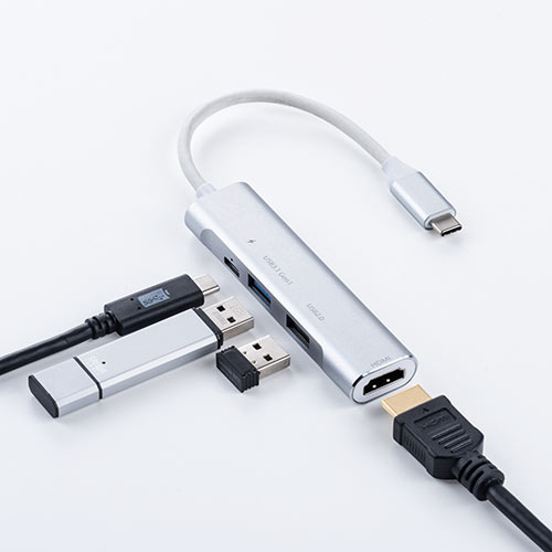 USB Type-Cハブ(USB PD充電・60W対応・HDMI出力・MacBook・iPad Pro対応・4K/30Hz・USB Aポート・アルミ・シルバー)/400-HUB086S【Mac  Supply Store】