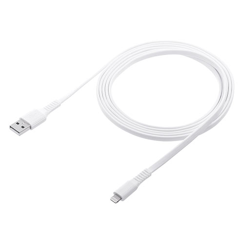ライトニングケーブル(iPhone・iPad・Apple MFi認証品・フラットケーブル・充電・同期・Lightning・2m・ホワイト) 500-IPLM026WK