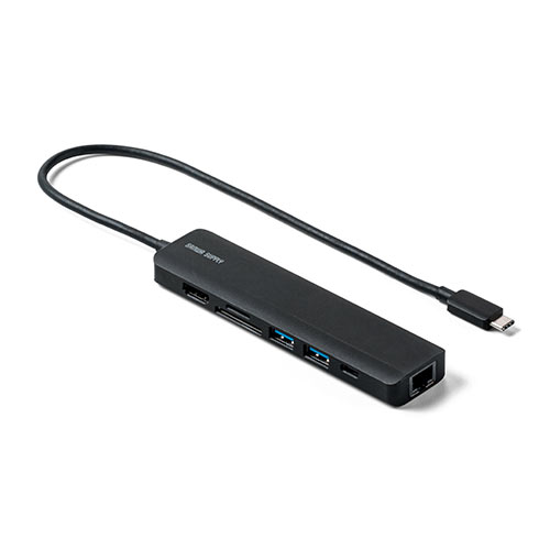 USB Type-Cモバイルドッキングステーション ロングケーブル 7in1 4K/60Hz対応 HDMI出力 SD/microSDカードリーダー USB×2 PD100W LAN イーサネット 400-HUB090BK