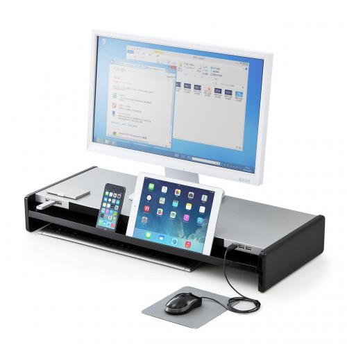 液晶モニター台(机上台・USBハブ搭載・引き出し・iPad&スマホスタンド内蔵・幅67cm)